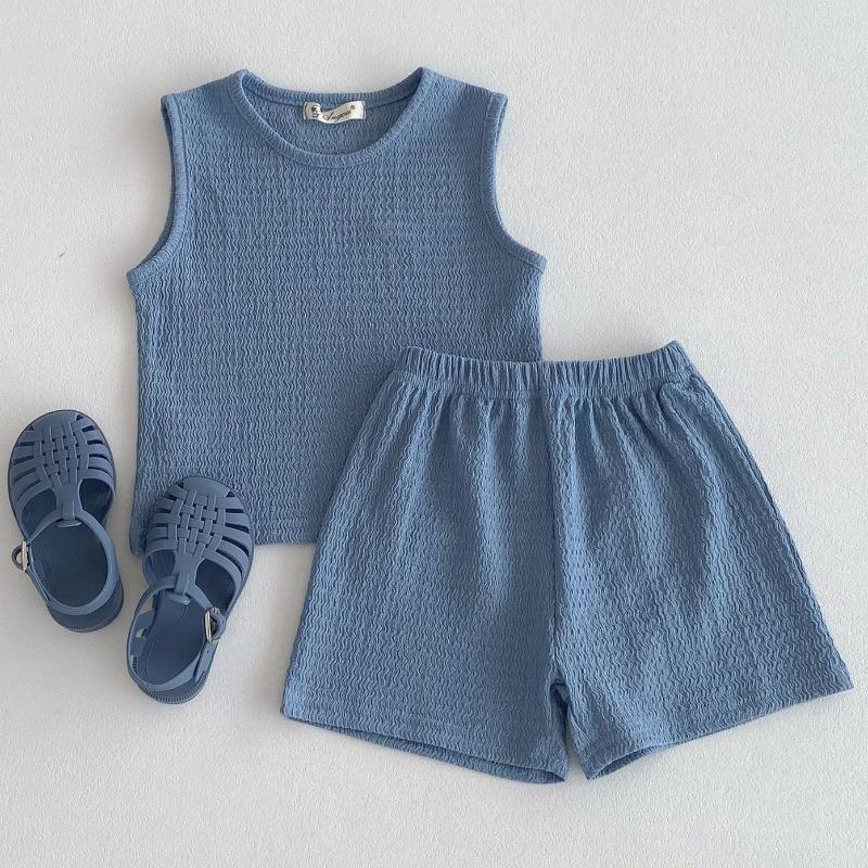 New Arrival Korean Style Solid Baby Gauze Homewear Children Breathable Loose Sleeveless Tank Tops + Shorts 2Pcs Thin Pajamas Set