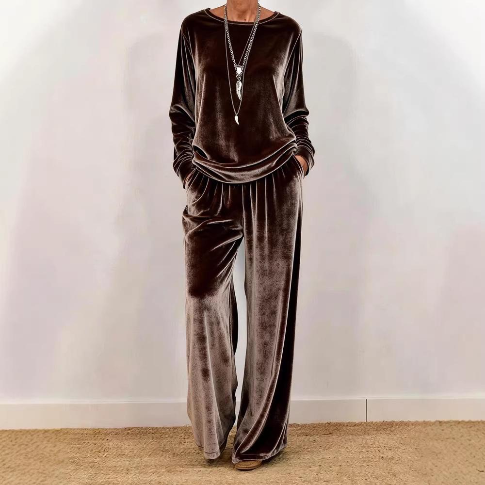 Women's Velvet Long Sleeve Top and Wide Leg Pants Set In 5 Colors