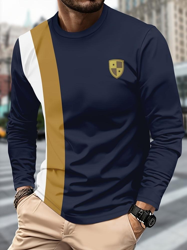 Men's Casual Long-sleeved Striped Eagle Emblem Breathable Round Neck Fashionable Comfortable Soft Breathable Minimalist Daily T-shirt