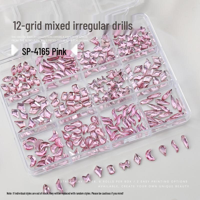Nail Art Irregular Rhinestones: 12-Grids Mixed Color Flat Back Resin Gems