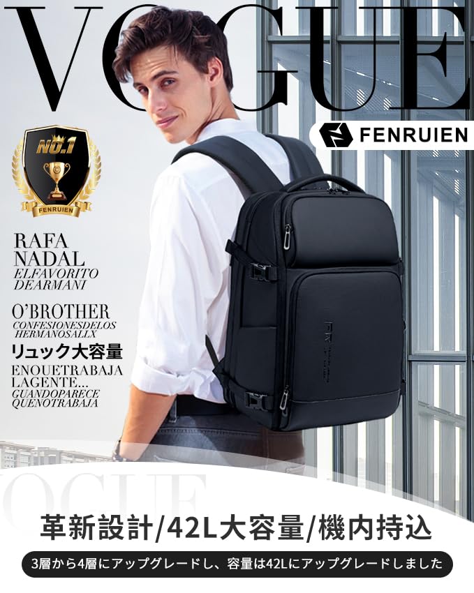 FENRUIEN Men's Business Backpack, Large Capacity, Waterproof, Fits 17-inch PC Laptop, Expandable Gusset, USB Charging Port, Black, Shape-Resistant,