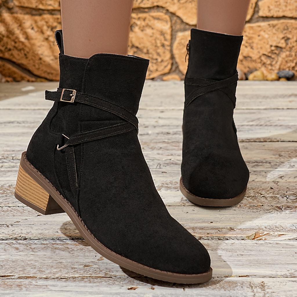 New Large Size British Chelsea Boots, Belt Buckle Tip Round Head Medium Heel Short Boots
