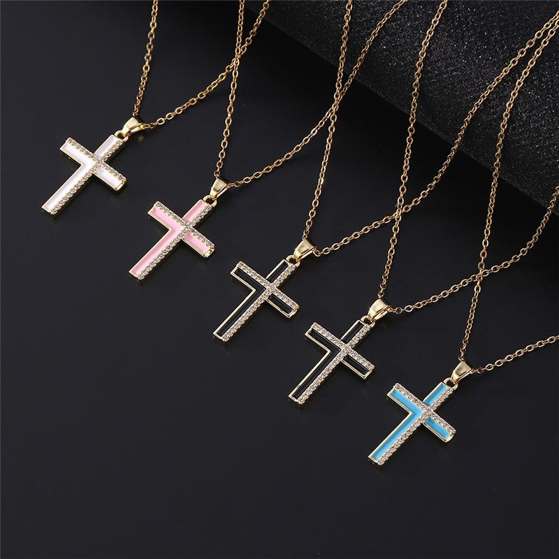 Light Luxury Cross Enamel Zircon Pendant Necklace Stainless Steel Fashion Geometric Choker Jewelry Party Gifts For Women Girls