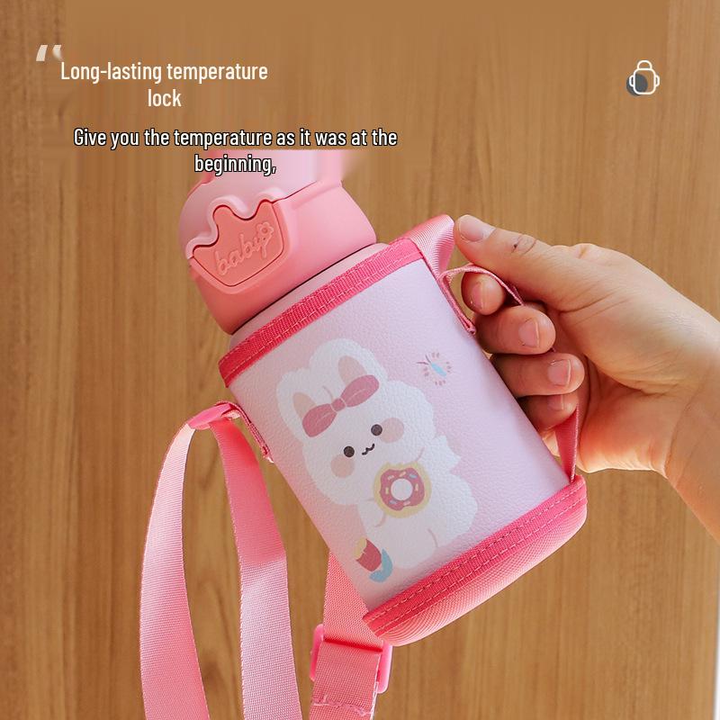 Kids' Outdoor Thermos Cup - Deer Antler Design, Straw & Smart Lid, Stainless Steel, Cartoon Style with Strap