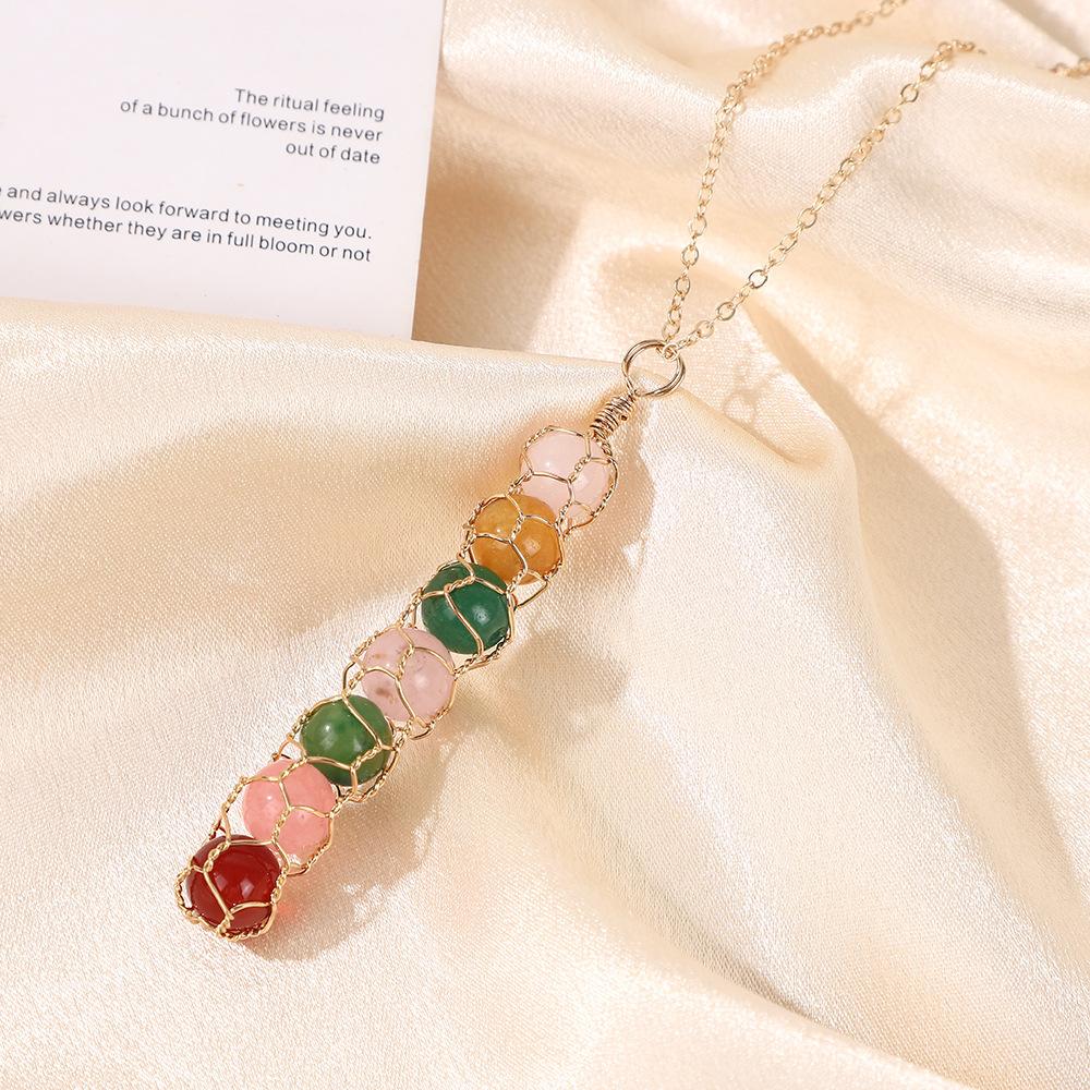 Rainbow stone mesh bag necklace, dyed crystal, round bead pendant, handmade, copper wire winding, collarbone chain, necklace pendant