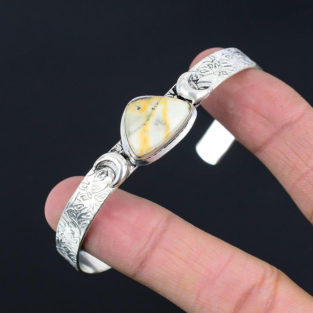 Natural Maligano Jasper Bangle Crescent Moon Adjustable 925 Silver For Girls
