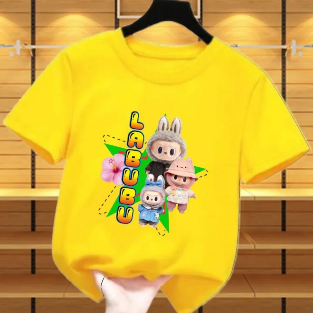 

Новая детская футболка Labubu Шарф LABUBU и цветочный узор Для девочки Круглый вырез Короткий рукав Повседневная Универсальная одежда 100