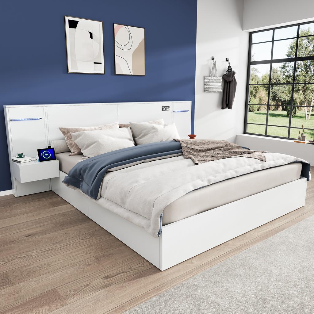 Cama de Casal 160*200cm, Cama de Madeira, Porta USB, Relógio, Alto-falante Bluetooth, Tira de Luz Colorida, 2 Mesas de Cabeceira (sem gavetas), Colchão Não Incluído, Branco