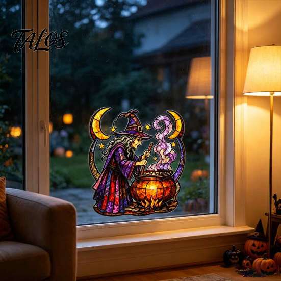 Reusable Holiday Glass Decorations Halloween Witch And Medicine Cauldron Window Sticker, Stained Effect PVC Decal Transparent Texture Film for