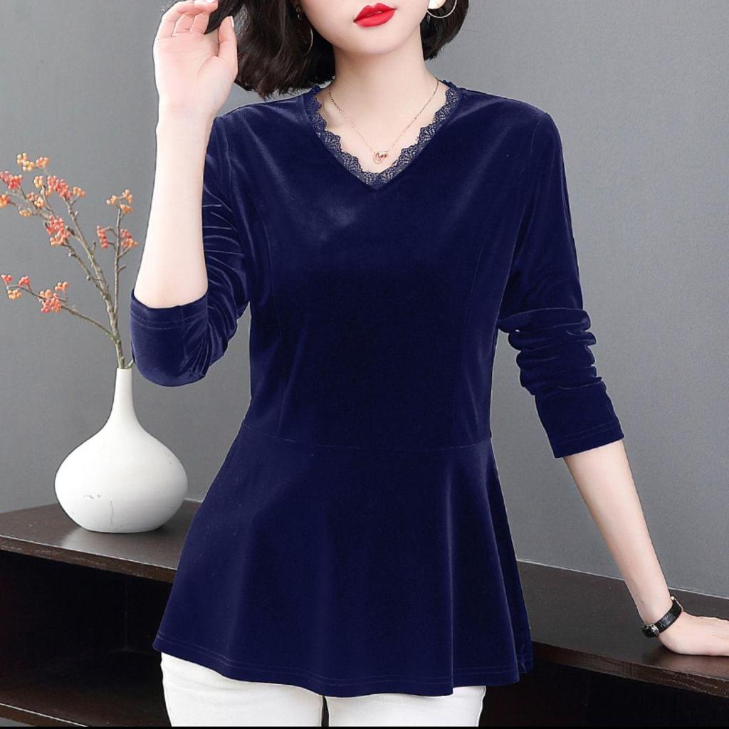 Plus Size Women's Stylish Velvet Lace Top for Spring & Autumn 2026