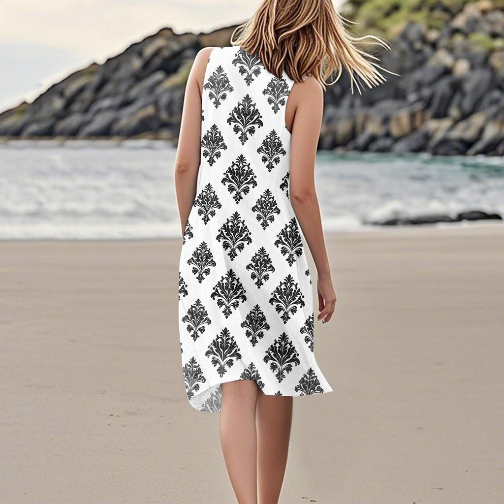 Print Dresses For Women Loose Beach Vacation Casual Sleeveless Sundresses With Pockets Tank Dress