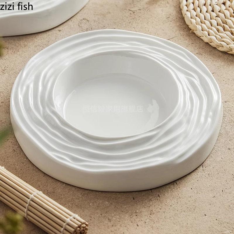 Pure White Ceramic Water Wave Pattern Thick Soup Plate Dessert Plate Sushi Dish Restaurant Molecular Cuisine Specialty Tableware