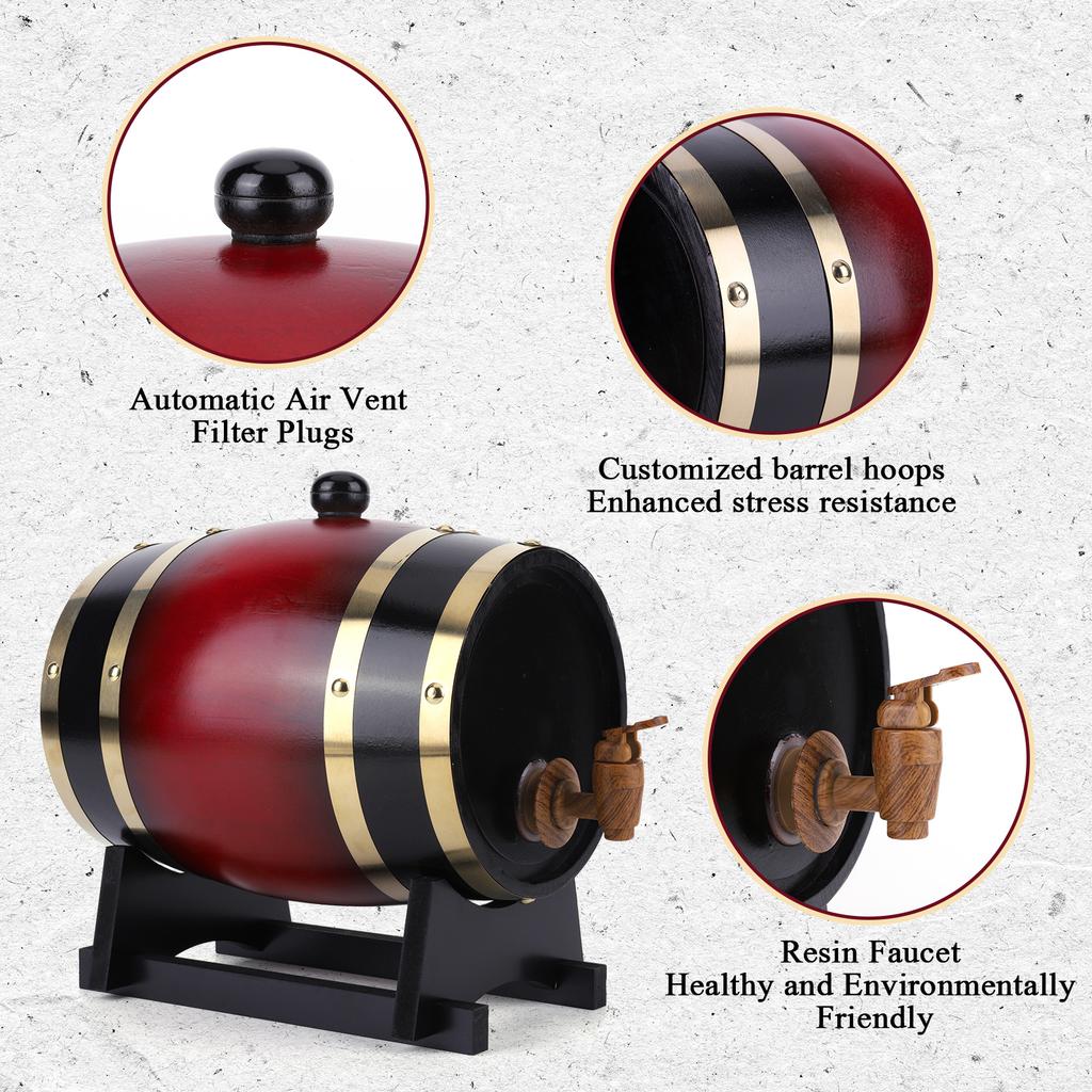 3L Household Wooden Barrels with Bracket Wine Storage Containers Large Capacity Vintage Beer Brewing Tools for Family Gatherings