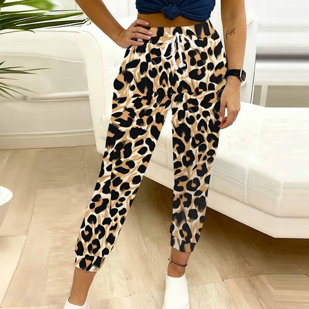Summer Ladies Leopard Print Printed Sweatpants Loose Fit Drawstring Joggers Elastic Cuff Daily Casual Pants