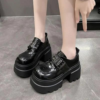Women's High Platform Leather Shoes New Spring 10CM Heels Chunky Sneakers Female Lace-up Loafers Walking Shoes Woman