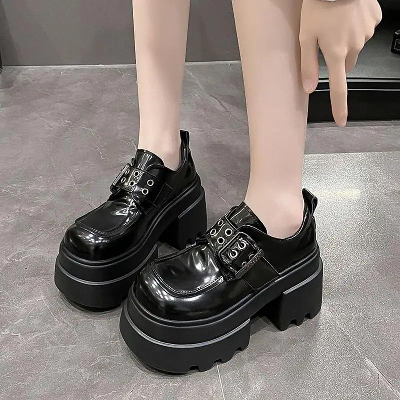 Fashion Women's High Platform Leather Shoes New Spring 10CM Heels Chunky Sneakers Female Lace-up Loafers Walking Shoes Woman