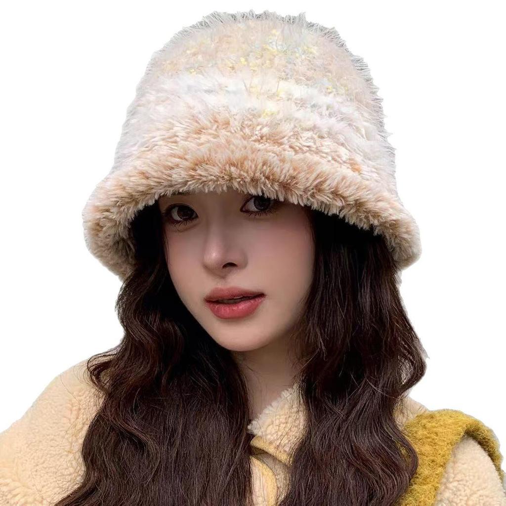 Korean Style Women's Plush Color Block Bucket Hat - Warm Ear Protection, Trendy and High-Quality Woolen for Fashionable Outings