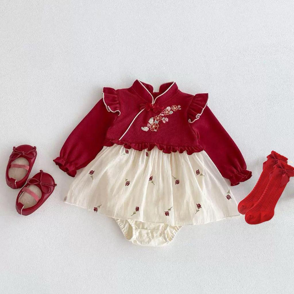 Tuta Pagliaccetto Principessa Bambina Stile Cinese - Outfit Primavera & Autunno per 100 Giorni a Un Anno