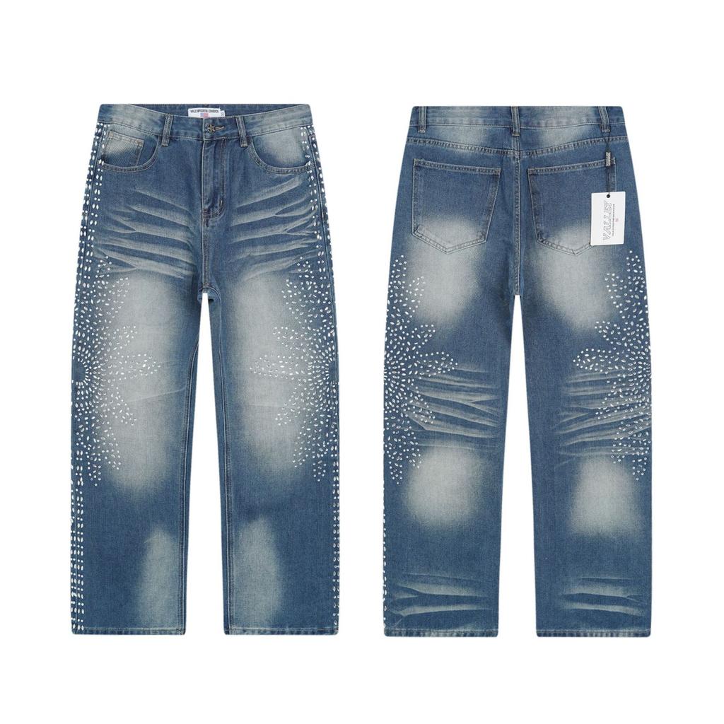 Grenzüberschreitender Beauty-Trend VALE Amerikanische High Street Hip-Hop Heiße Diamant-Sprüh-Pferd-Weide Gerade Jeanshose