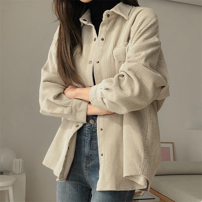 Women's Corduroy Shirt Jacket - Retro Hong Kong Style, Spring/Autumn Outerwear, Loose Fit, Versatile Medium/Long Length.