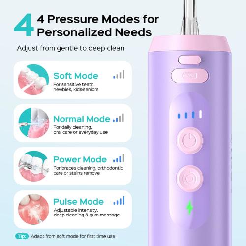 COSLUS Mini Water Flosser for Travel: Portable Compact Design, Cordless Oral Irrigator with 4 Jet Tips, Removable Tank, IPX7 Waterproof, for Braces, S