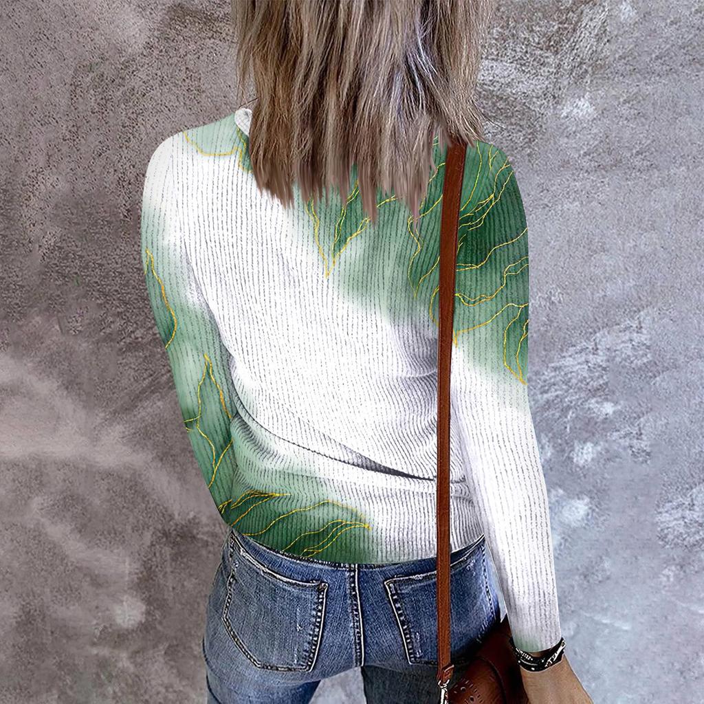 Women's Casual Long Sleeved V-neck Button Printing Slim Fitting Top