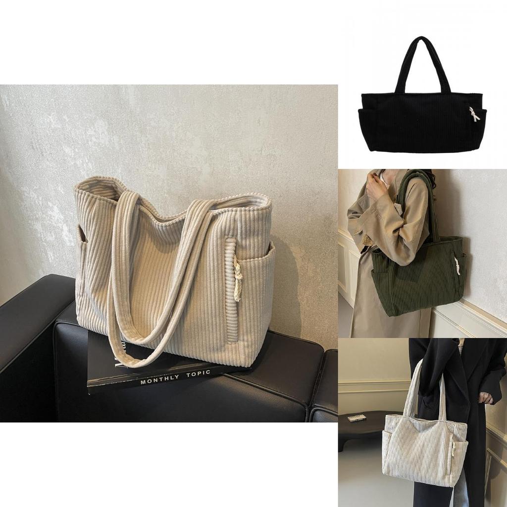 Simple Solid Color Large Capacity Women Corduroy Shoulder Tote Bag For Daily Use