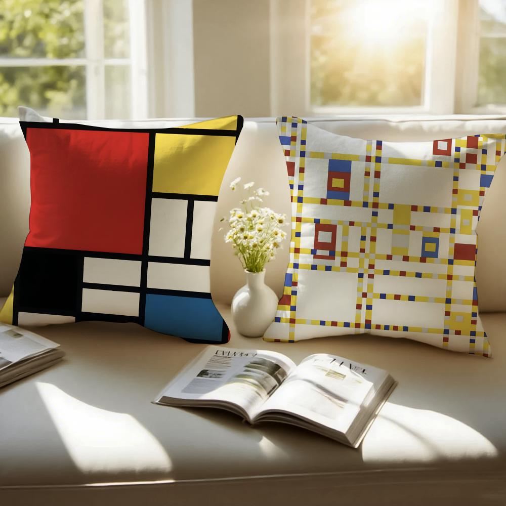 Classic Bright Simple PPiet Cornelies Mondrian Cushion Cover Pillowcase Antidustmite Invisible Zipper Short Plush Sofa Cushion