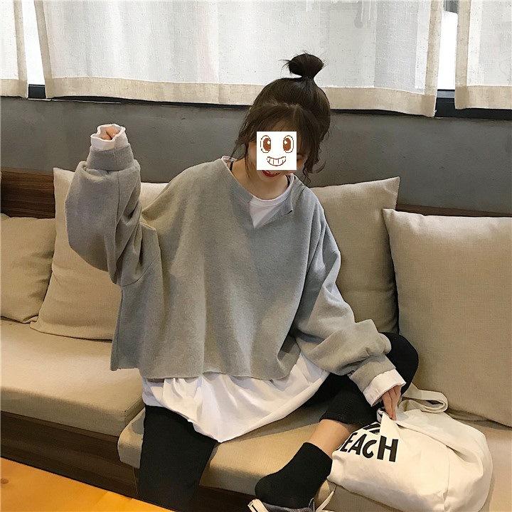 False Two Pieces Containing Cotton Design Sense Loose Sweater Female Thin Section Splicing Bottoming Shirt Literary Style Long-sleeved T-shirt Female