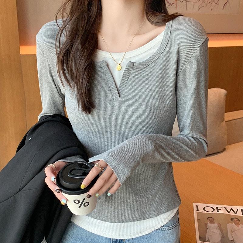 

Autumn Winter Long Sleeves Korean Fashion Style O-neck Tshirt for Women Fake Two Items T-shirts Ladies Top Tee Clothes S