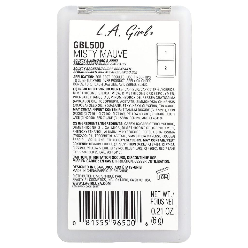 L.A. Girl On Cloud Nine, Bouncy Blusher & Bronzer, GBL500 Misty Mauve, 6g (0.21oz)