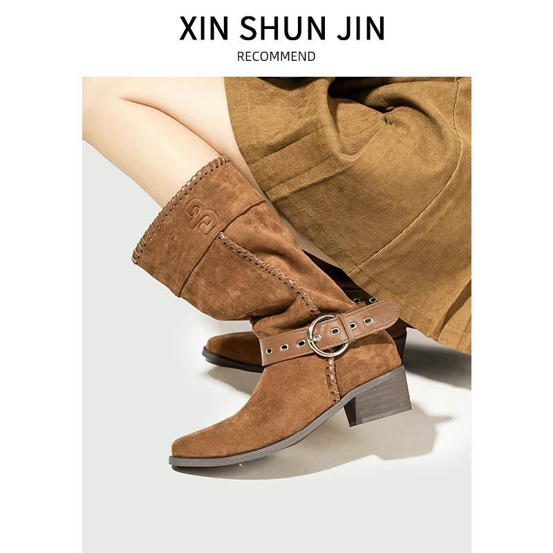 Pile boots women's summer new western cowboy boots retro medium tube knight boots suede pointed short boots