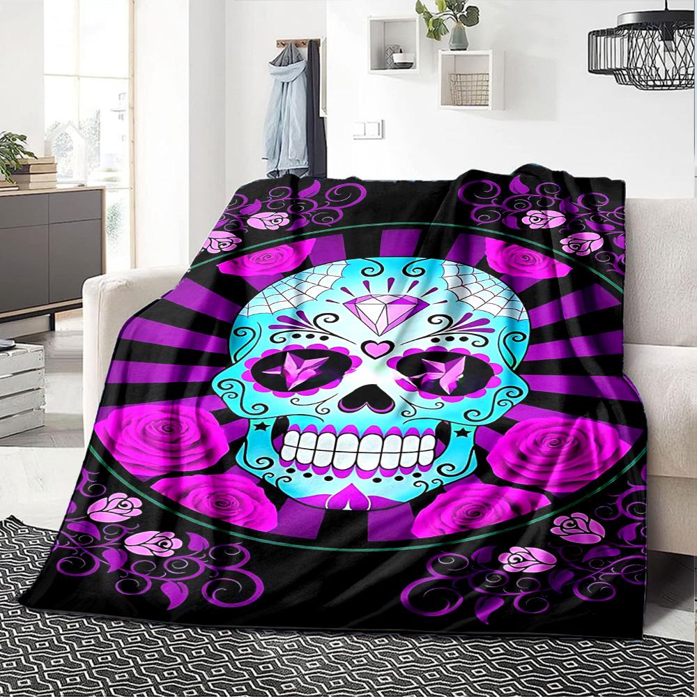 1pc Sugar Skull Roses Throw Blanket Soft Flannel, Cozy All Season Polyester Perfect for Home, Office
