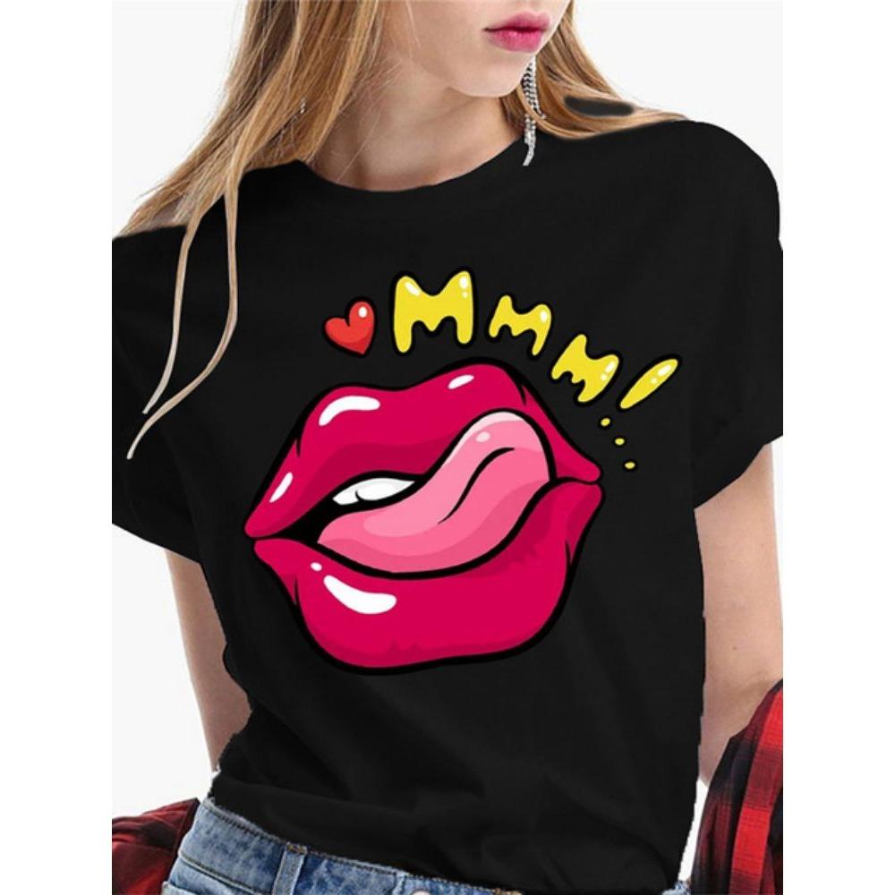 Fashion Sexy Red Lip Women T Shirt Funny Kiss Lips Print Ladies T-shirt Casual Basis O-collar Short Sleeves Female Tops Tees