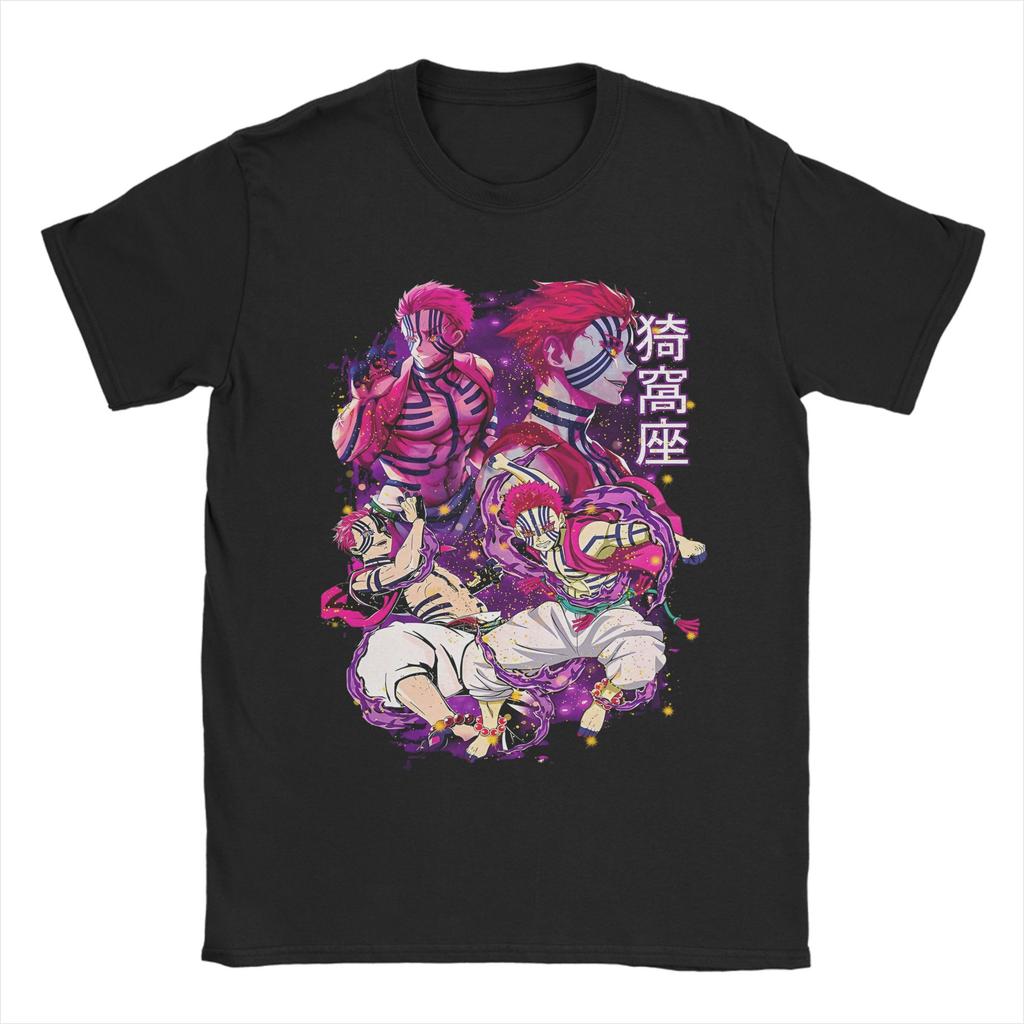 Demons Slayers Akaza Tshirts Men 100%Cotton Tops Hip Hop Anime Crewneck Short Sleeve