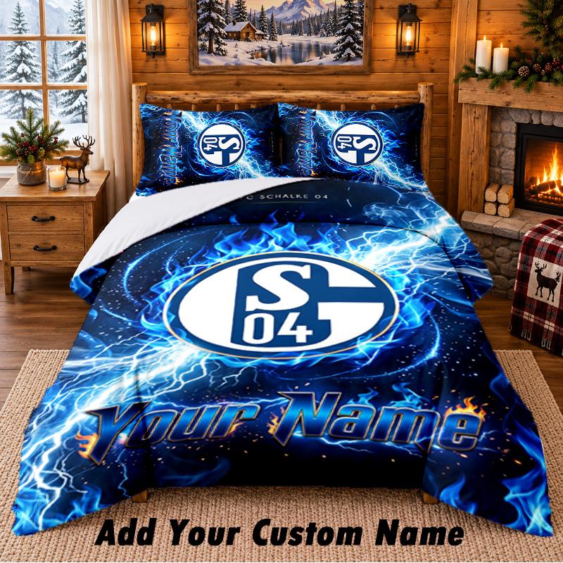 Schalke 04 FC Pattern Bedding 3Pcs Set Custom Name, Bed Sheet And Pillowcases For Home Bedroom