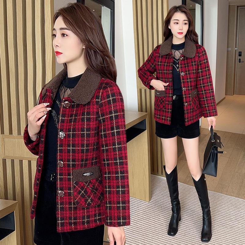 Plaid Square Neck Autumn/Winter Coat for Women