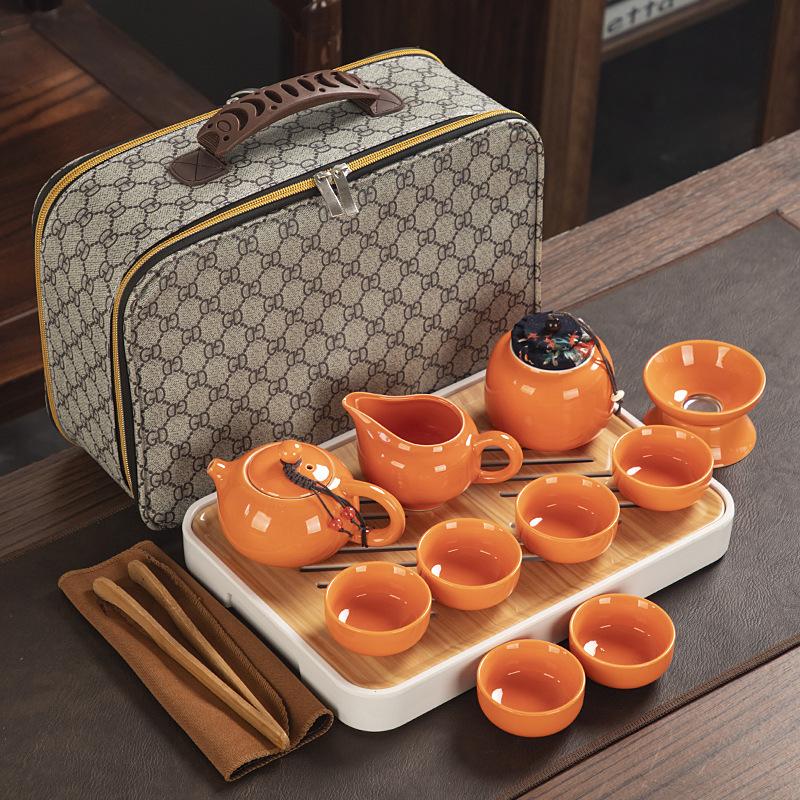 Travel ceramic Kung Fu tea set, tea tray, a full set of portable storage bags, practical business gifts for customers