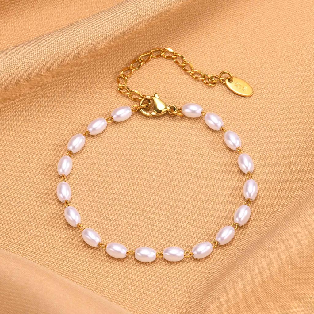 Bracelet Perle Plaqué Or 18k, Chaîne Acier Inoxydable Réglable Cadeau d'Amitié pour Femmes