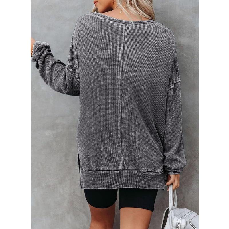 New Autumn Women's Round Neck Long Sleeve Side Slit Waffle Simple and Versatile Sweatshirt