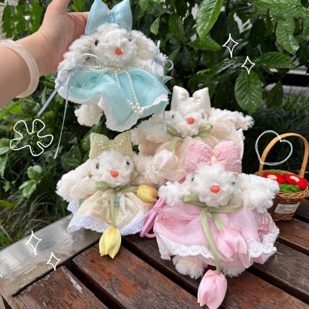 Bow Knot Plush Rabbit Keychain Princess Pearl Dress Rabbit Doll Keyring  Backpack Decor