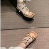 2025 Women's Fashion Sandals Fine Heel Open Toe Square Head Cross Thin Strap Flash Diamonds High Heels Comfortable Buckle Shoes