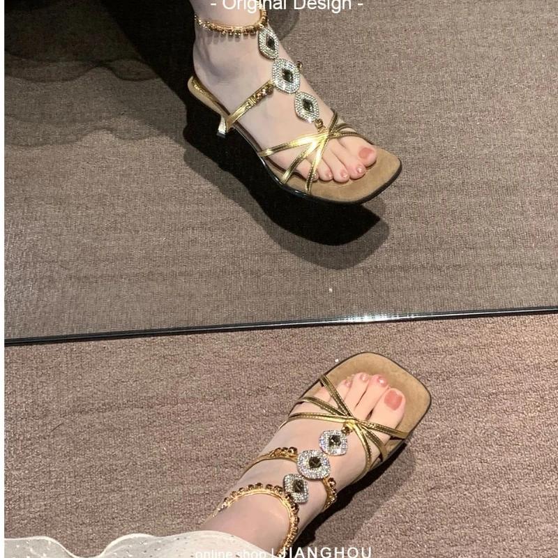 2025 Women's Fashion Sandals Fine Heel Open Toe Square Head Cross Thin Strap Flash Diamonds High Heels Comfortable Buckle Shoes