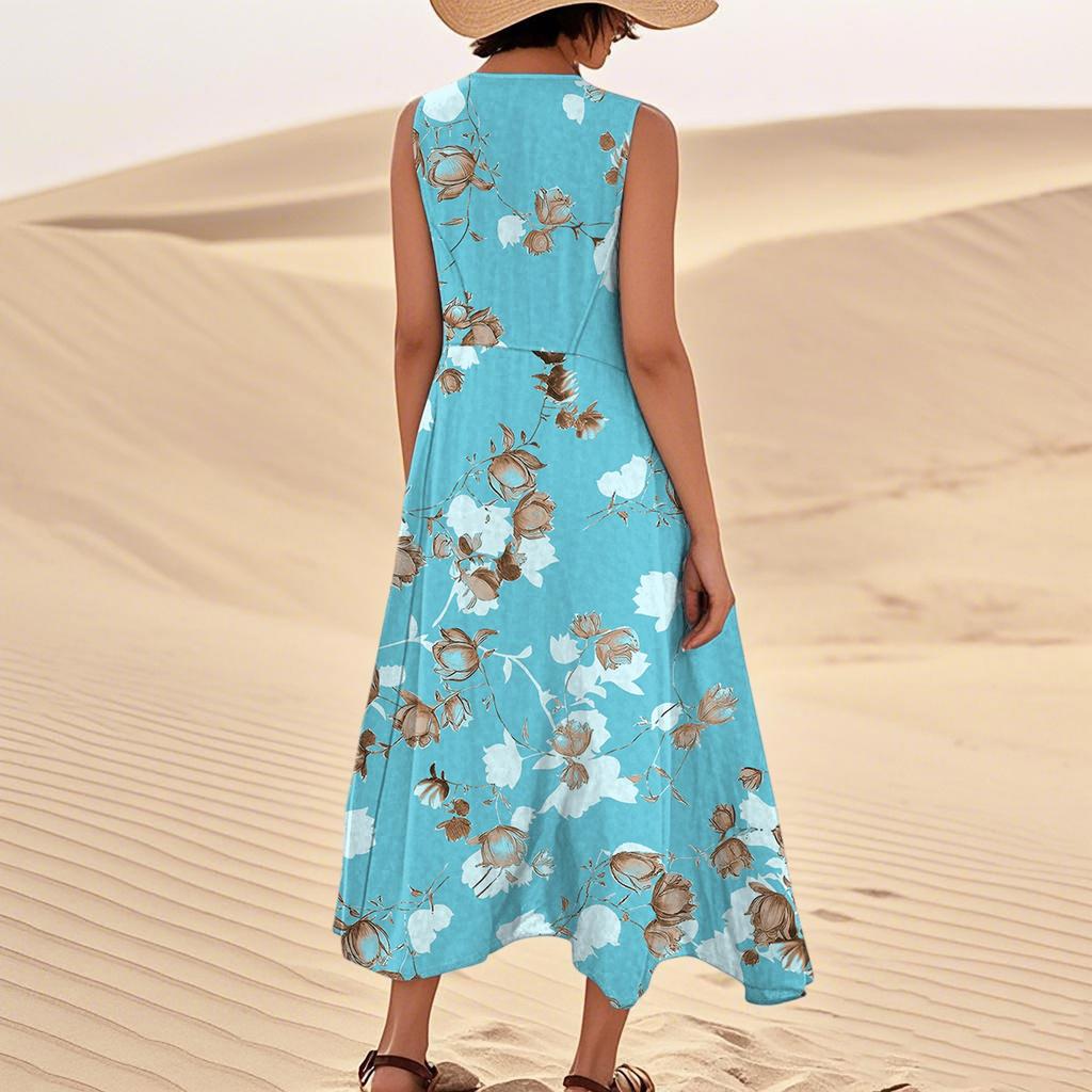 Women's Summer Casual Fashion Flower Printed Sleeveless Pocket Dress