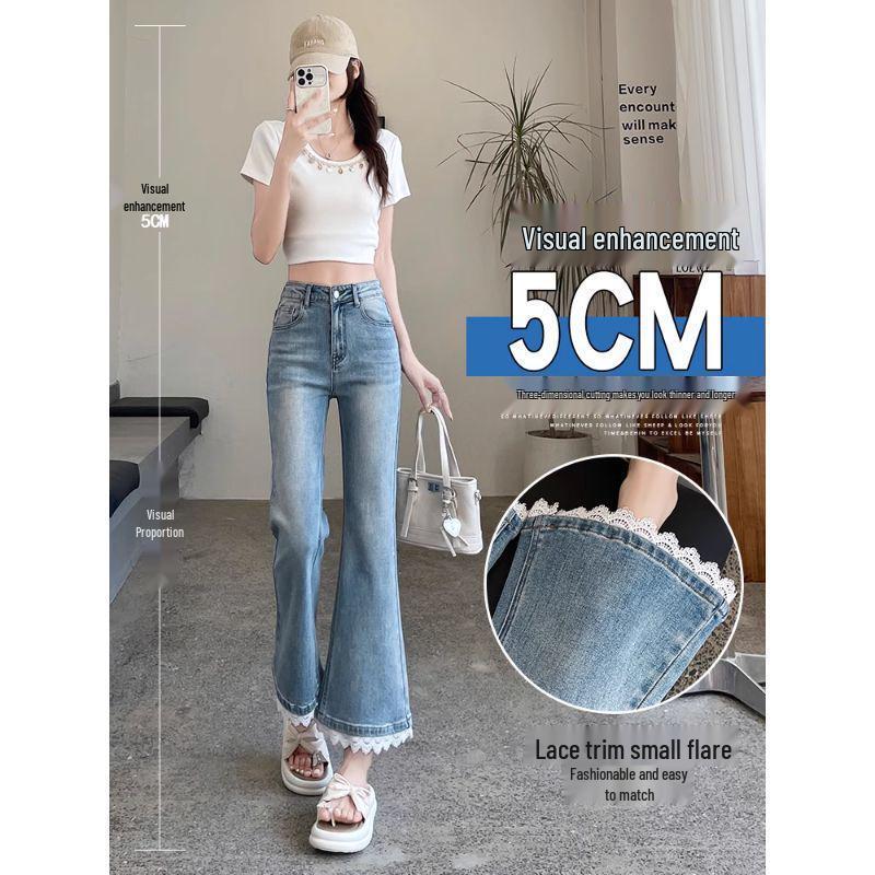 Women's Autumn High-Waisted Petite Plus Size Slimming Micro-Flare Cropped Jeans with Blue Lace Trim