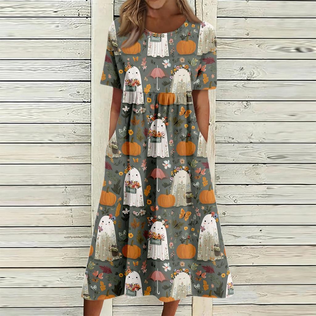 Women Halloween Print Casual Crew Neck Pocket Dress Short Sleeve Loose Fit Holiday Themed Midi Dress Comfortable Style