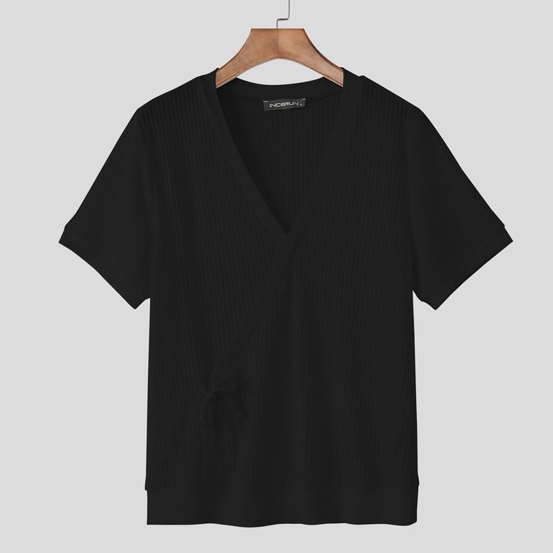 

INCERUN Мужские тонкие повседневные футболки с V-образным вырезом, с коротким рукавом, с перекрещенной передней частью, в рубчик