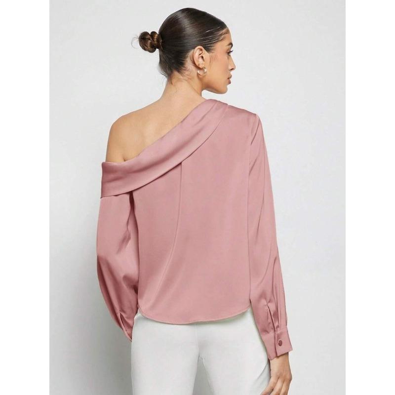 Women's Spring Fashion New Off The Shoulder Asymmetrical Long Sleeved Top