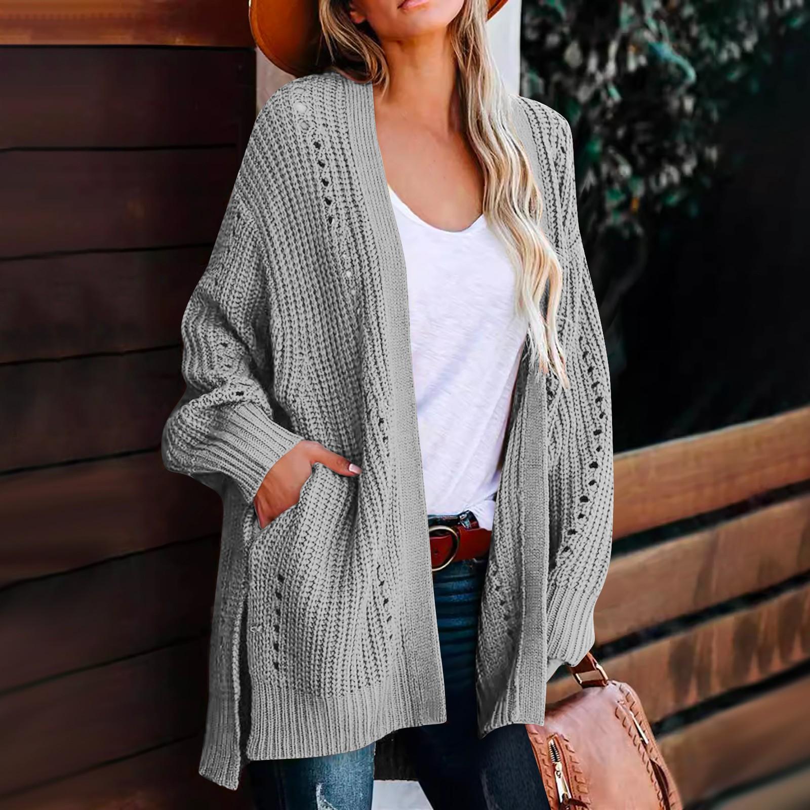 

Женский модный свободный кардиган с длинным рукавом, вязаный индивидуальный однотонный повседневный свитер One Size светло-серый