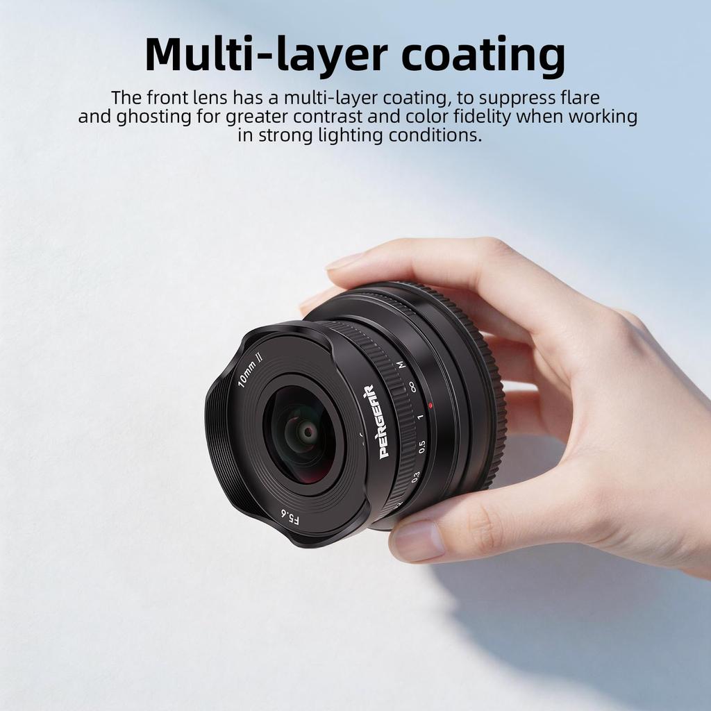 Pergear 10mm II Pancake Fisheye Fixed Focal Length Manual Compatible with Sony Cameras Nikon F5.6 Lens, Wide-Angle Lens, Focus, Multi-Coated, E-Mount